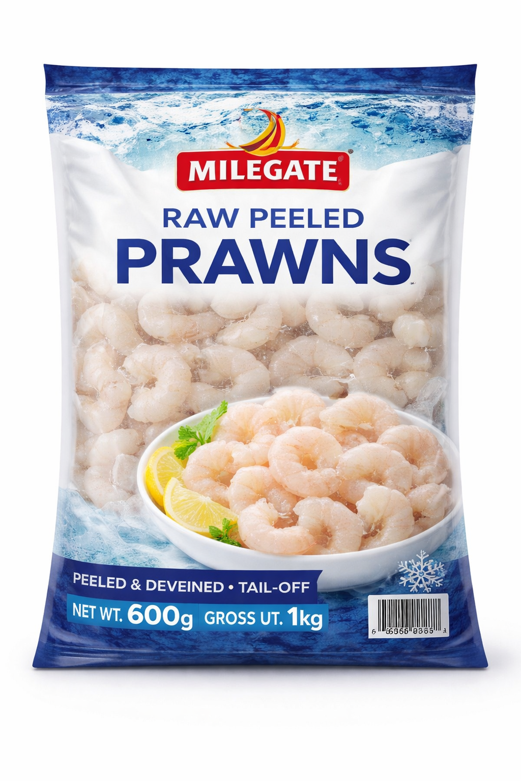 Raw peeled prawns (milegate brand ) net weight 600g gross weight 1 kg