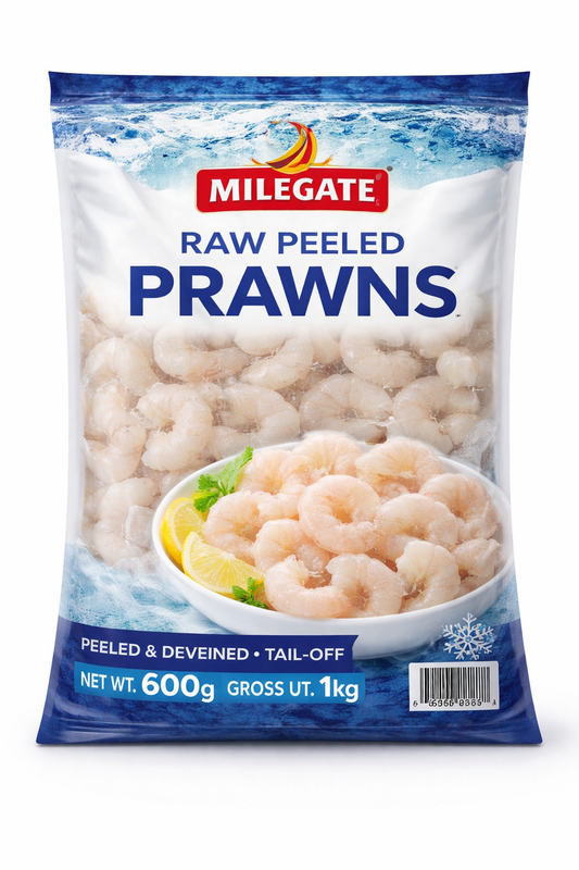 Raw peeled prawns (milegate brand ) net weight 600g gross weight 1 kg